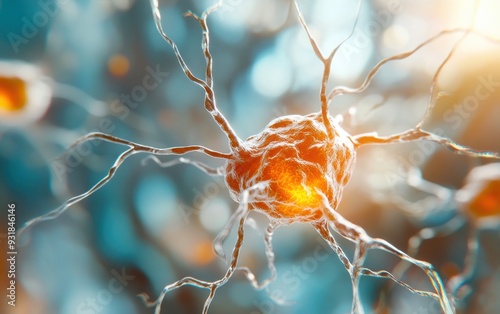 Close-up of a neuron showcasing its intricate structure and glowing center, representing the complexity of neural networks. photo