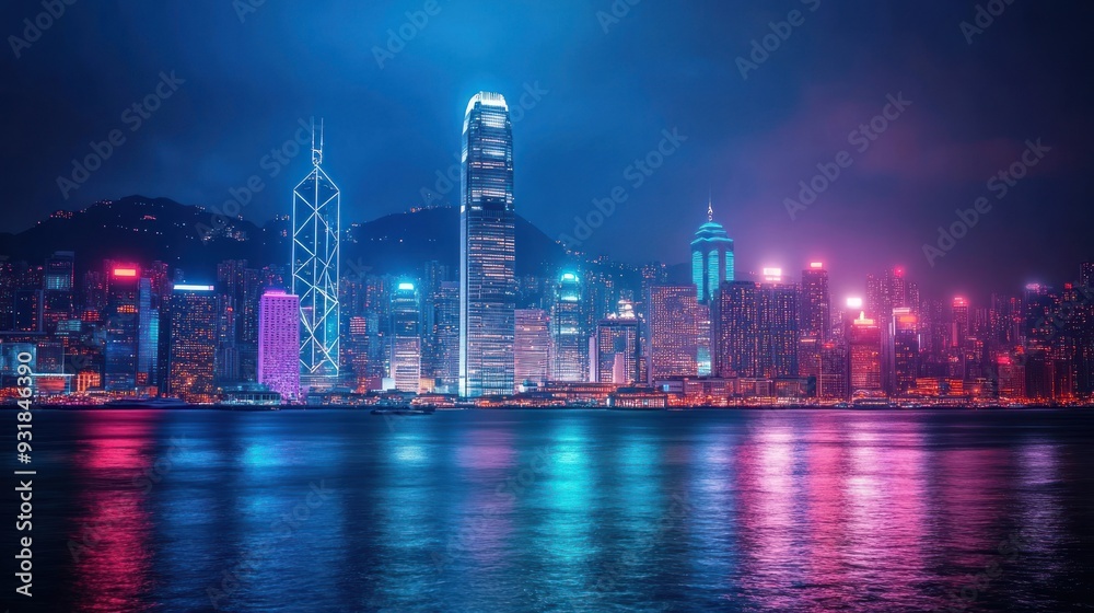 Fototapeta premium Hong Kong Skyline Illuminated at Night with Vivid Blue and Pink Reflections