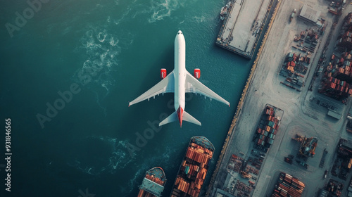 Aerial and top view of a cargo plane flying over a shipping port, highlighting the export and import business. Features smart logistics for international goods, with cargo being shipped to the harbor 