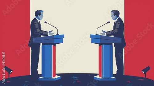 Two men in suits stand behind podiums with microphones photo