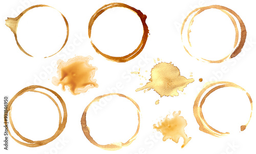 Coffee stain circle isolated set. Round coffee stain cup collection, splash coffee on white photo