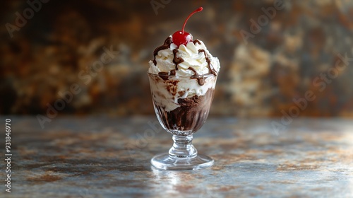 Fotografía An elegant presentation of an ice cream sundae in a crystal-clear glass, showcas