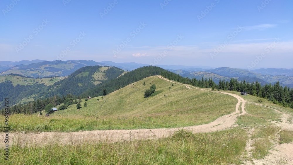 Fototapeta premium mountains in summer, carpathians, beautiful view of mountains and houses in mountains, countryside