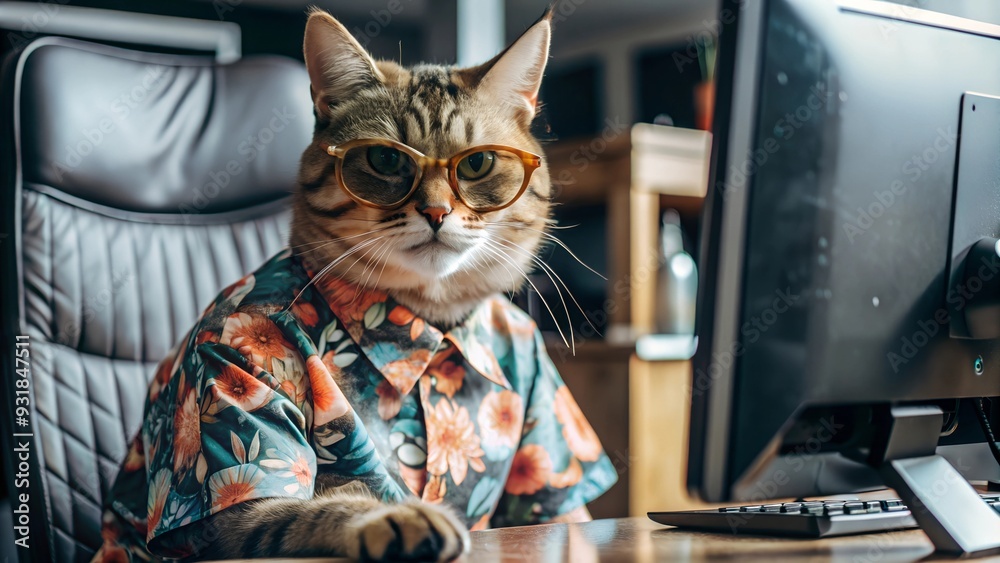 Grumpy Cat in Sunglasses Wearing a Hawaiian Shirt Working at a Desk - Humorous Work-from-Home Concept Grumpy Cat in Sunglasses Wearing a Hawaiian Shirt Working at a Desk - Humorous Work-from-Home Concept