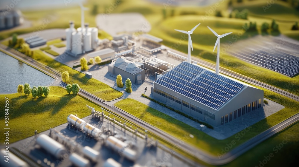 Birds-eye view of a hybrid power plant combining solar, wind, and traditional energy sources, futuristic technology for energy diversity Birds-eye view of a hybrid power plant combining solar, wind, and traditional energy sources, futuristic technology for energy diversity