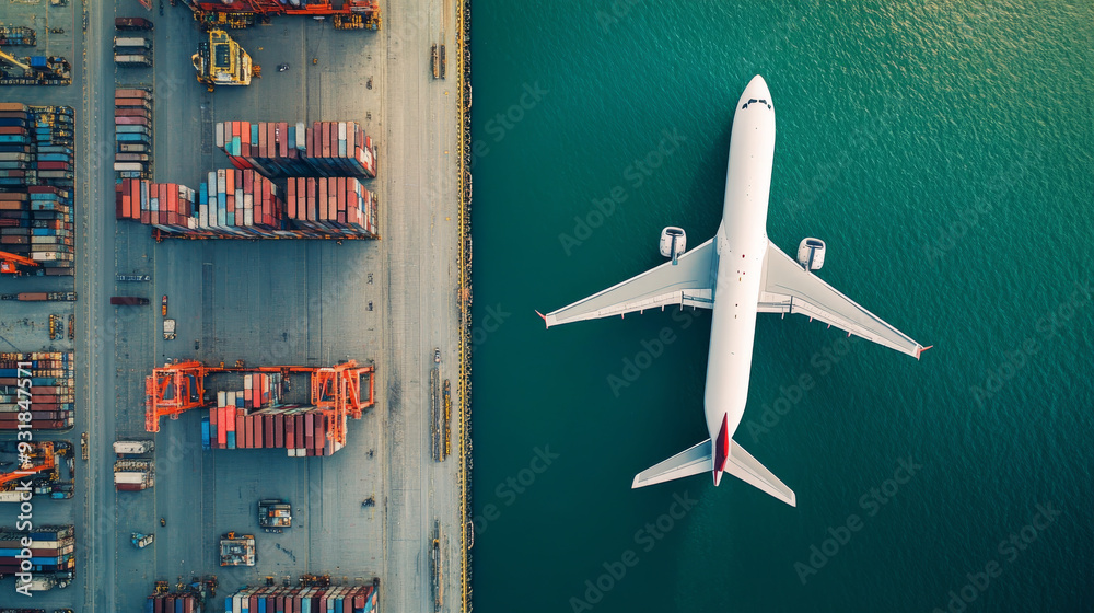 Aerial and top view of a cargo plane flying over a shipping port, highlighting the export and import business. Features smart logistics for international goods, with cargo being shipped to the harbor Aerial and top view of a cargo plane flying over a shipping port, highlighting the export and import business. Features smart logistics for international goods, with cargo being shipped to the harbor