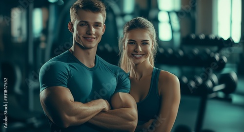 In a sports center surrounded by exercise equipment, a muscular couple poses in the gym and smiles at the camera