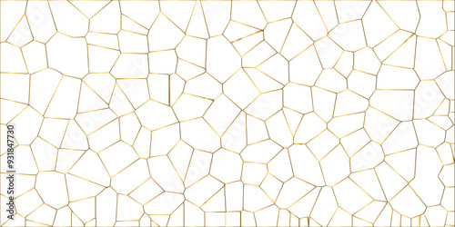 Golden gradient lines stroke abstract white crystalized broken glass background. Voronoi diagram background. abstract desktop texture design digital art wallpaper, vector illustration.	