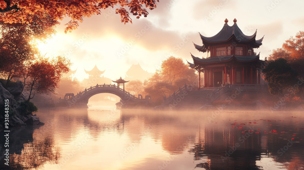 3D renderings of fantasy scenes with a Chinese aesthetic. 3D renderings of fantasy scenes with a Chinese aesthetic.