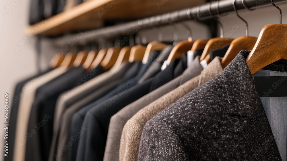 Obraz premium A rack of clothes with a variety of colors and styles. The clothes are hanging on hangers and are neatly organized. Concept of order and cleanliness