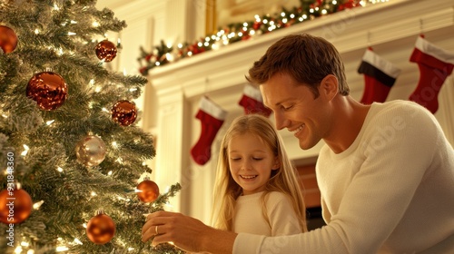 A man and a little girl decorating the christmas tree, AI