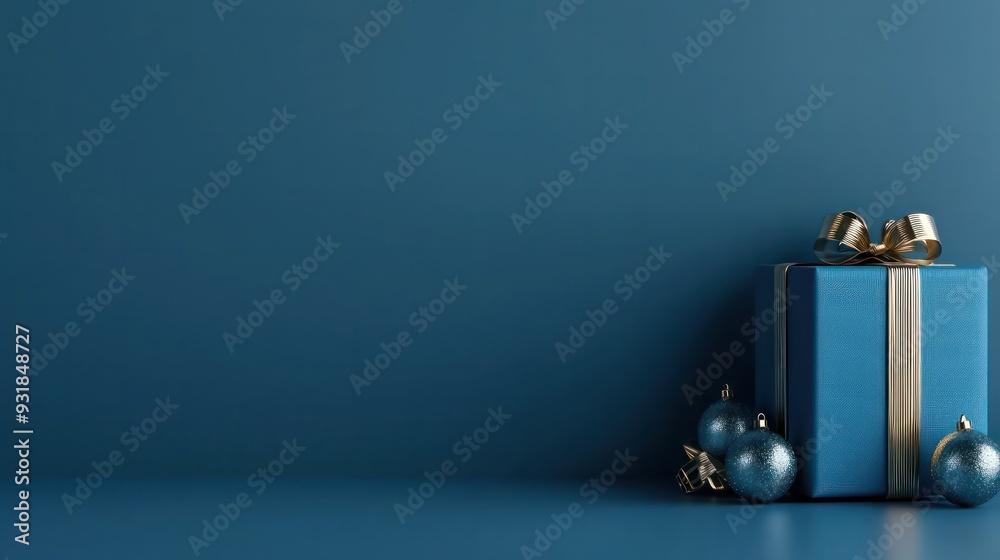 A blue box with a gold bow sits on a blue background. The box is filled with Christmas decorations, including a variety of blue and gold ornaments. The scene conveys a festive and joyful mood A blue box with a gold bow sits on a blue background. The box is filled with Christmas decorations, including a variety of blue and gold ornaments. The scene conveys a festive and joyful mood