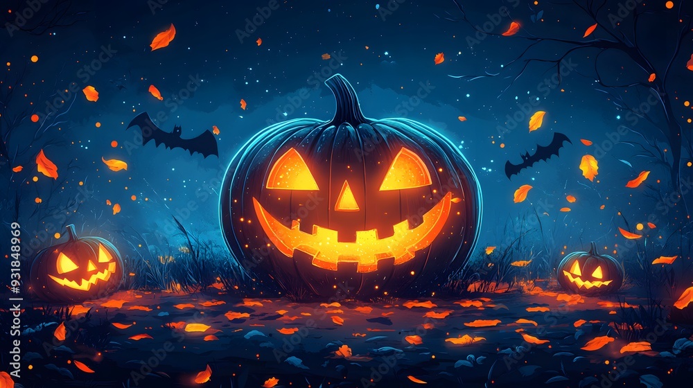 Fototapeta premium A happy Halloween celebration, featuring a pumpkin mask and Halloween banners.