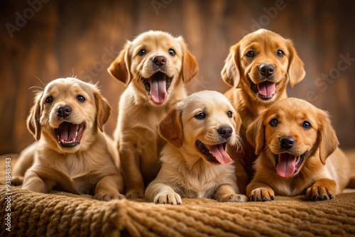 Playtime Puppy Hijinks: Humorous, energetic, puppies engaged in mischievous activities, warm brown tones, playful shapes. photo