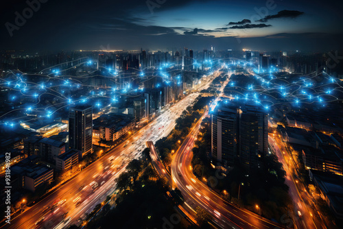 Aerial view of smart transportation over a city