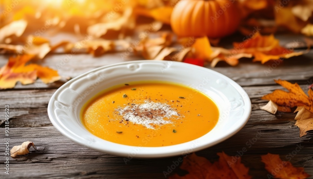 Plato de crema de calabaza decorado con especias y servido sobre una mesa de madera en un entorno otoñal al aire libre. Plato de crema de calabaza decorado con especias y servido sobre una mesa de madera en un entorno otoñal al aire libre.
