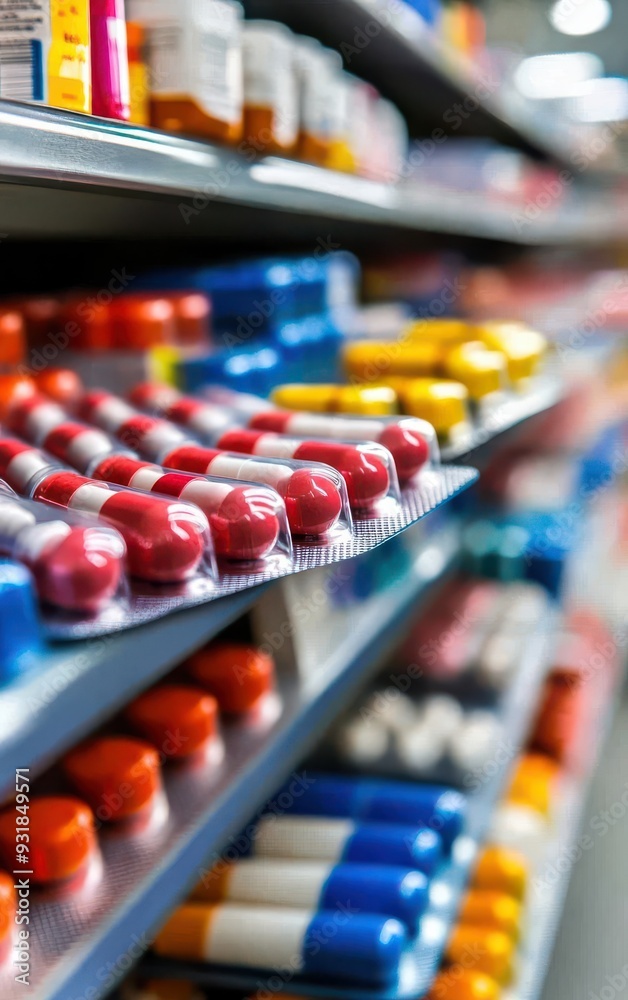 Colorful capsules and pills arranged neatly on a pharmacy shelf, showcasing various medications and healthcare products. Colorful capsules and pills arranged neatly on a pharmacy shelf, showcasing various medications and healthcare products.