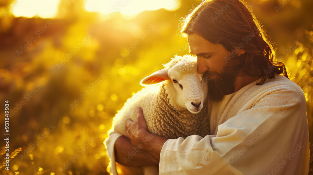 Religion and Christianity concept. Jesus Christ taking care of one missing lamb. Religion and Christianity concept. Jesus Christ taking care of one missing lamb.