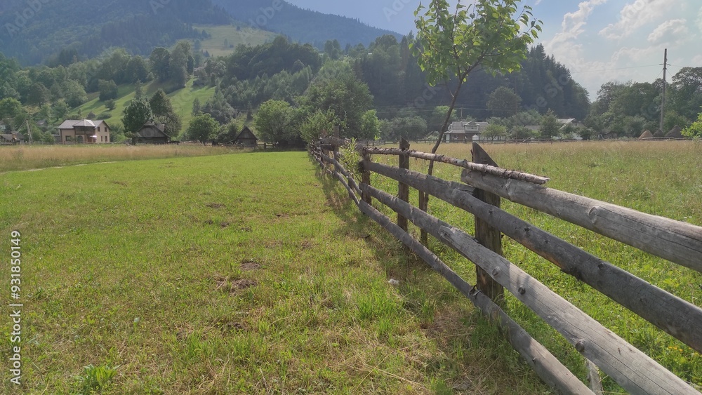mountains in summer, carpathians, beautiful view of mountains and houses in mountains, countryside