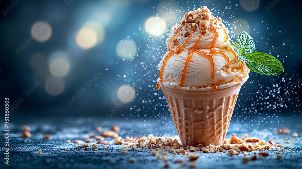 An elegant presentation of a modern ice cream dessert with a unique flavor combination, beautifully arranged with a sprinkle of crushed nuts and a decorative garnish Camera lens 50mm studio shot for An elegant presentation of a modern ice cream dessert with a unique flavor combination, beautifully arranged with a sprinkle of crushed nuts and a decorative garnish Camera lens 50mm studio shot for