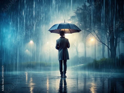 Rainy Hues with Umbrella: Moody, muted colors, umbrella silhouette, atmospheric