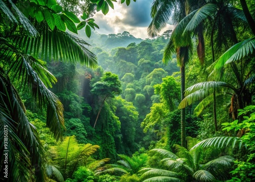 Rainforest Canopy Symphony: Lush, exotic, vibrant, jungle, emerald, harmony