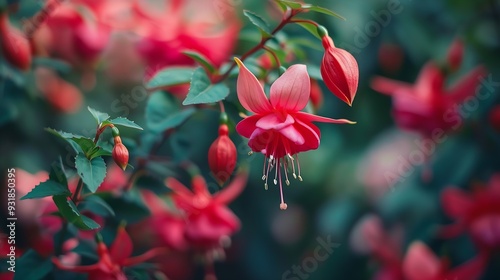 Closeup of red fuchsia flowers in botanical garden in Ventnor Isle of Wight United Kingdom : Generative AI