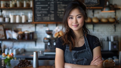 Portrait of Asian woman barista In Coffee Shop