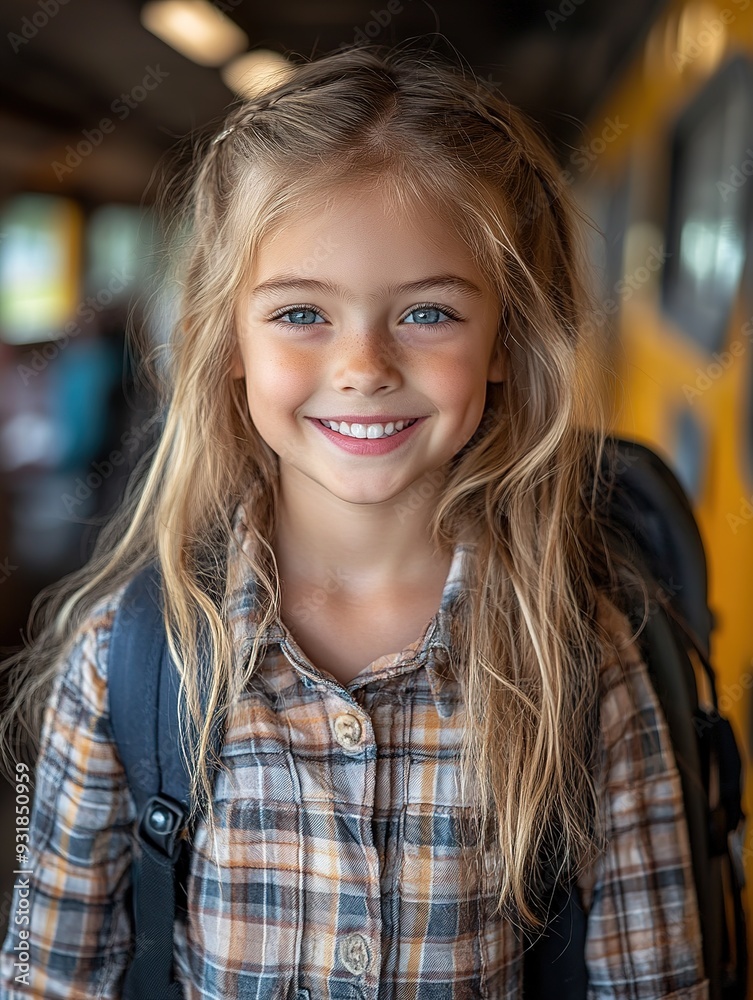Girl with backpack near yellow school bus. Transport for students Girl with backpack near yellow school bus. Transport for students