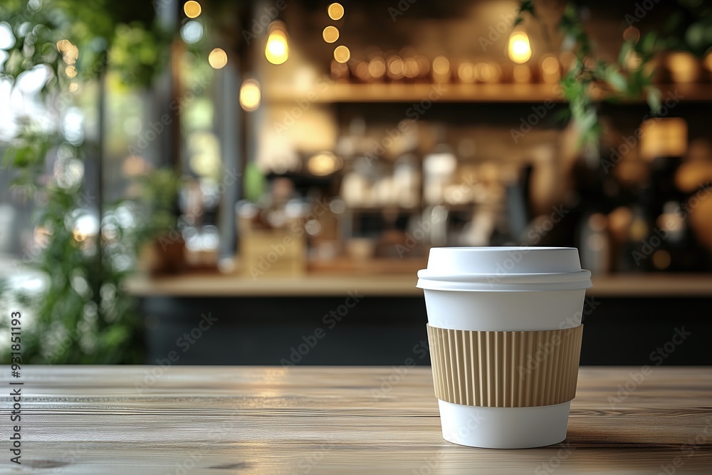 Blank white takeaway coffee cup mockup on table with coffee shop background Blank white takeaway coffee cup mockup on table with coffee shop background