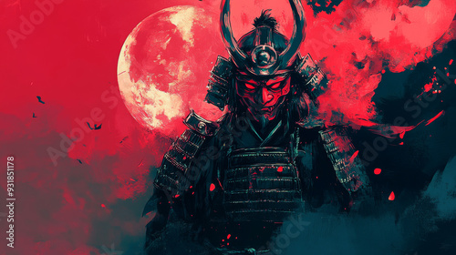 Artwork illustration of a Japanese samurai warrior wearing a red mask, possessed by an Oni demon. photo
