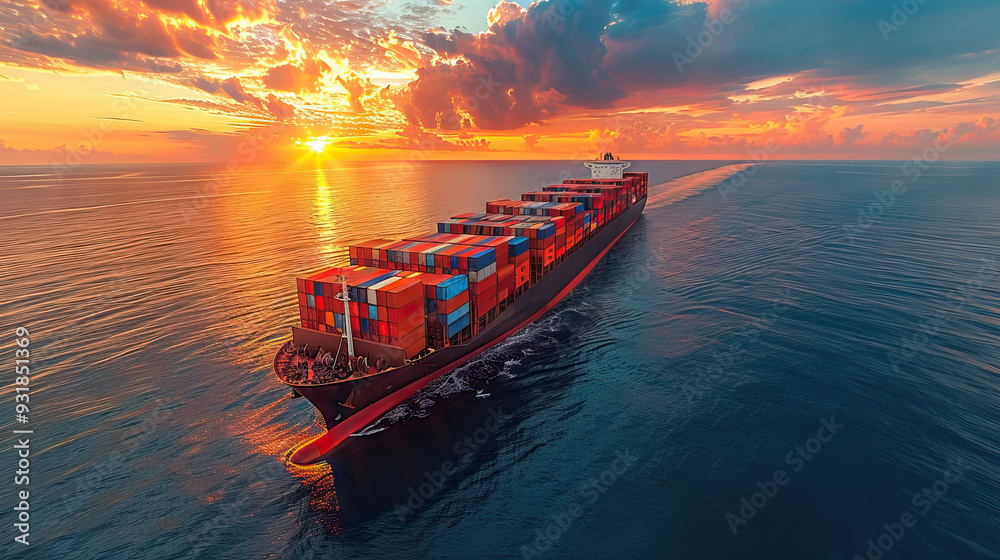 Aerial view of a cargo ship navigating calm waters Aerial view of a cargo ship navigating calm waters