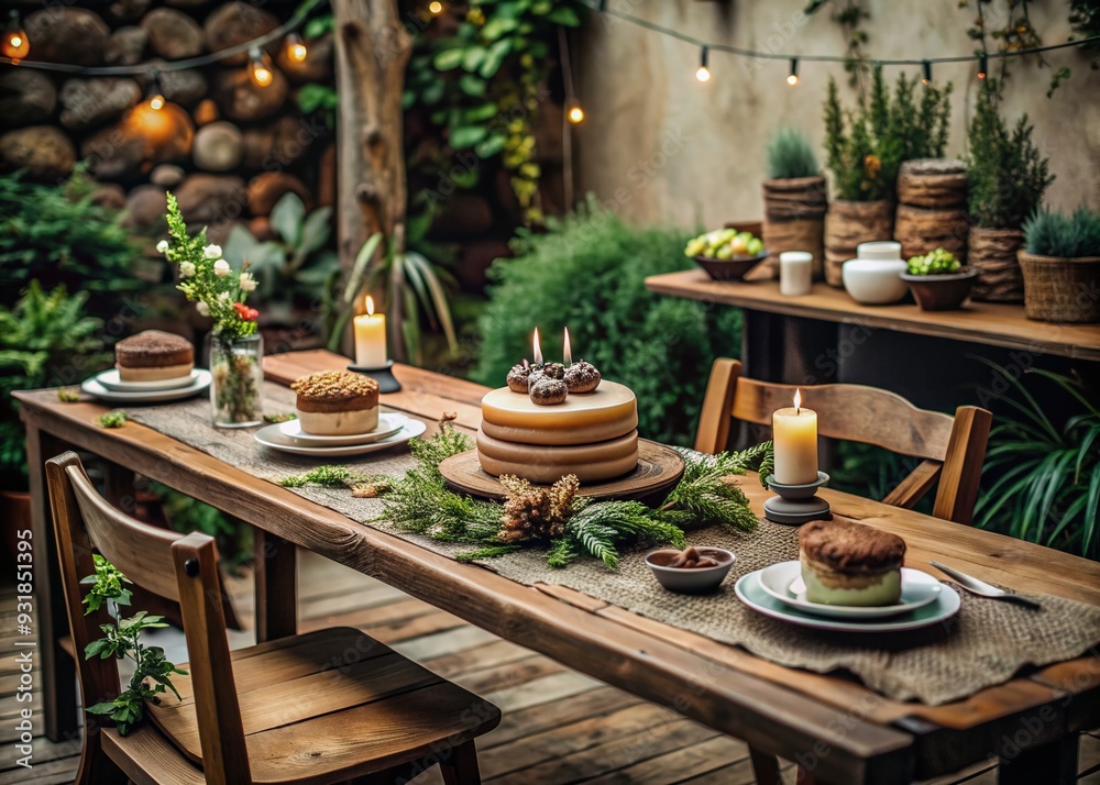 Obraz premium Rustic Charm: Cozy atmosphere with earthy tones, natural textures, and a wooden table setting with a rustic birthday cake.