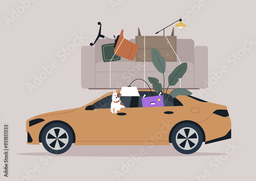 Sedan loaded with furniture and a playful dog ready for a journey to a new home