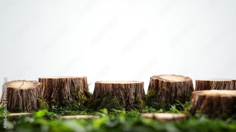 Obraz premium A collection of tree stumps with detailed bark and moss textures, 3D illustration, isolated on white background