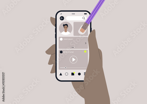 A hand holds a smartphone displaying a social media interface, as a stylus erases elements from the screen, showcasing digital creativity