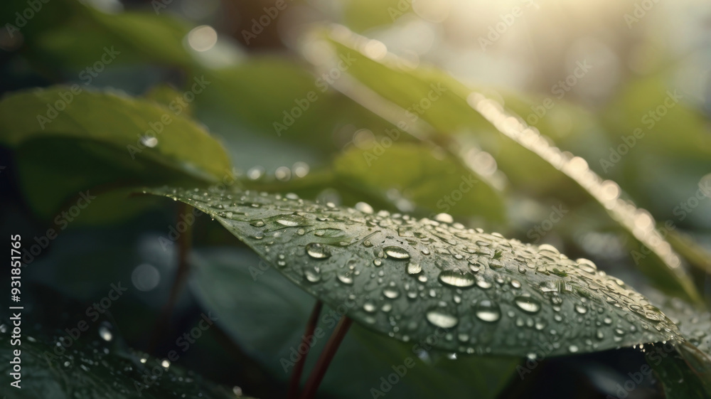 Macro shot of raindrop on leaf with morning sunlight Macro shot of raindrop on leaf with morning sunlight