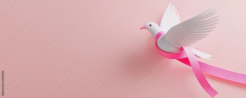 Pink Ribbon Awareness Symbol with Dove A dove carrying a pink ribbon , 3d illustration Pink Ribbon Awareness Symbol with Dove A dove carrying a pink ribbon , 3d illustration