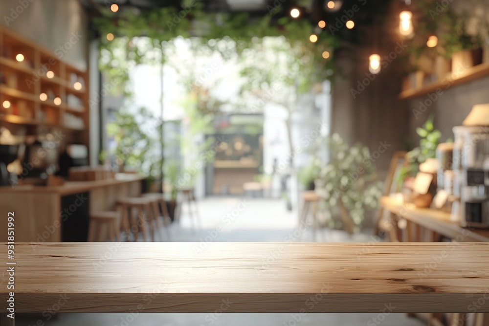 Obraz premium Empty wooden table with coffee shop background