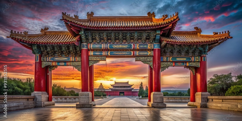 Scarlet Gateway: Grand Chinese Doorway, Ajar, Twilight, Intricate Carvings Scarlet Gateway: Grand Chinese Doorway, Ajar, Twilight, Intricate Carvings