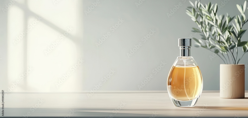 Elegant fragrance bottle on a minimalistic table, featuring soft light and greenery, perfect for lifestyle and beauty themes. Elegant fragrance bottle on a minimalistic table, featuring soft light and greenery, perfect for lifestyle and beauty themes.