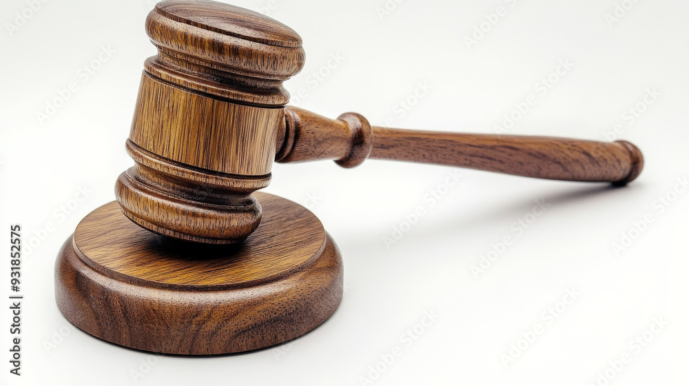 Detailed view of a wooden gavel against a white background.