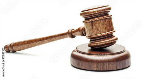 Detailed view of a wooden gavel against a white background.