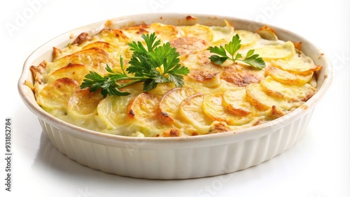  Gratinado de papas decorado con perejil fresco en una fuente de cerámica blanca, un plato delicioso y clásico para cualquier ocasión. photo