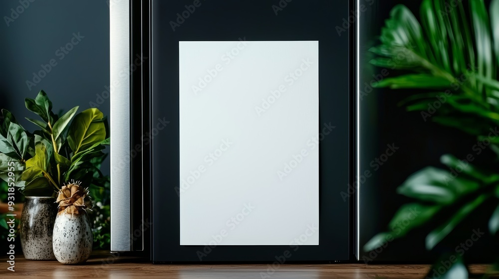 Crisp, empty paper sheet centered on a fridge door, providing a simple and functional space for family notes Crisp, empty paper sheet centered on a fridge door, providing a simple and functional space for family notes