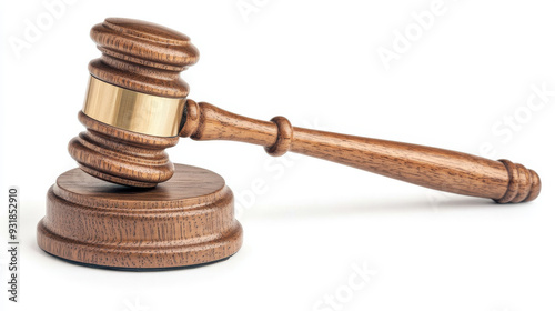 Detailed view of a wooden gavel against a white background.