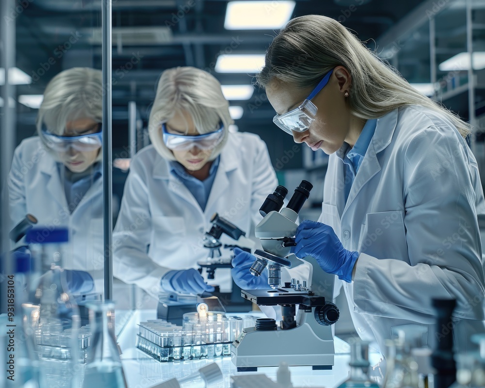 Two female scientists in lab coats work together in a laboratory setting, examining samples under a microscope. Two female scientists in lab coats work together in a laboratory setting, examining samples under a microscope.