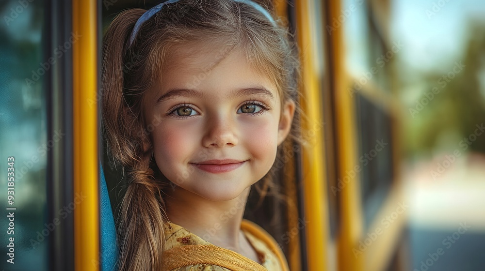 Girl with backpack near yellow school bus. Transport for students Girl with backpack near yellow school bus. Transport for students