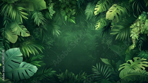 A tropical forest border with a variety of detailed plant elements like large leaves, twisted vines, and hanging branches, set against a lush green background, creating a vibrant and exotic jungle 