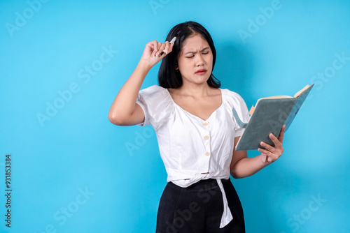 Women are doing various poses on a blue background.